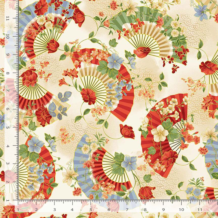 Asian Floral Fans Metallic- Beige