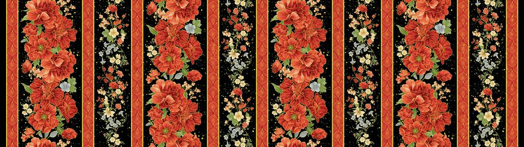 Asian Floral Stripes Metallic- Black