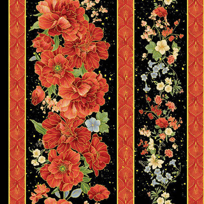 Asian Floral Stripes Metallic- Black