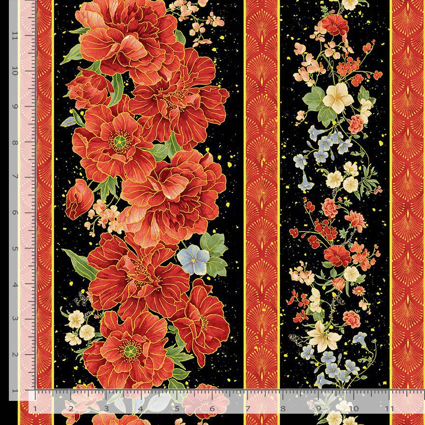 Asian Floral Stripes Metallic- Black