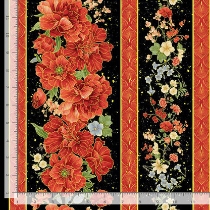 Asian Floral Stripes Metallic- Black