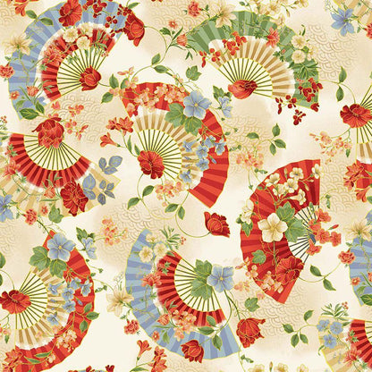 Asian Floral Fans Metallic- Beige