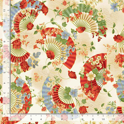 Asian Floral Fans Metallic- Beige